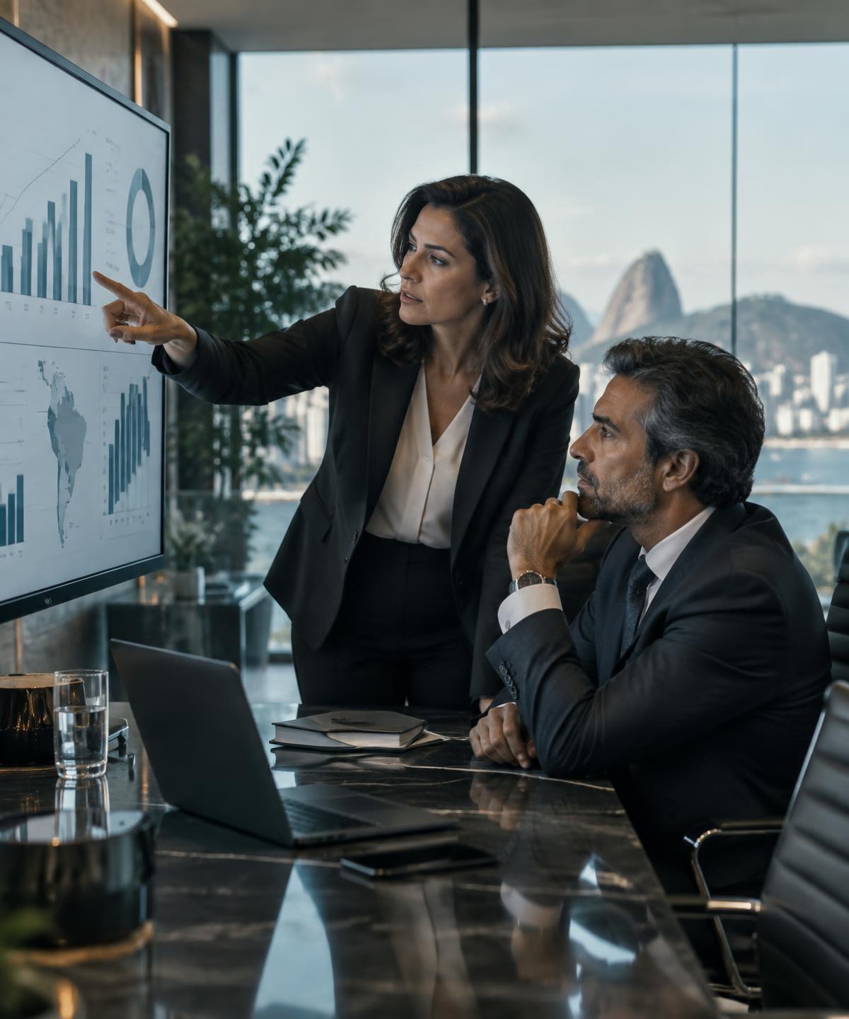 Executivos analisando indicadores orçamentários em sala de reunião